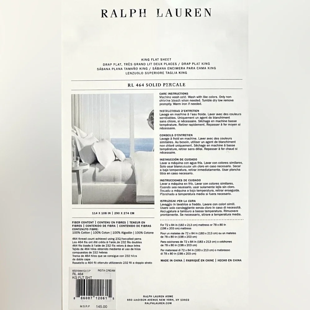 $145 NEW RALPH LAUREN HOME KING FLAT SHEET 464 TC REGATTA CREAM COTTON PERCALE